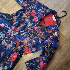 Biba Navy Button-Up Shirt with Pink Floral Accents